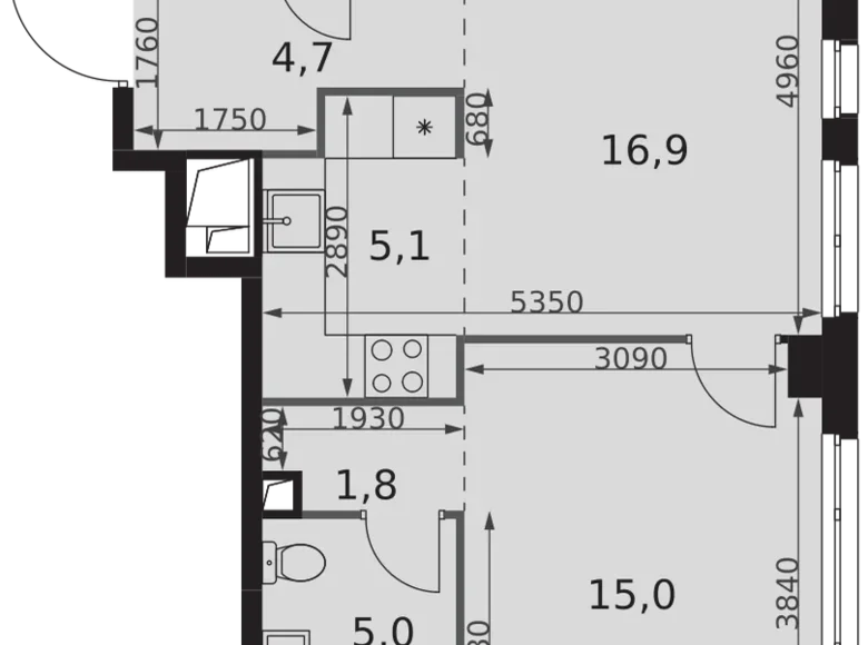 2 room apartment 53 m² Moscow, Russia