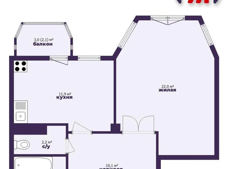 1 room apartment 52 m² Minsk, Belarus
