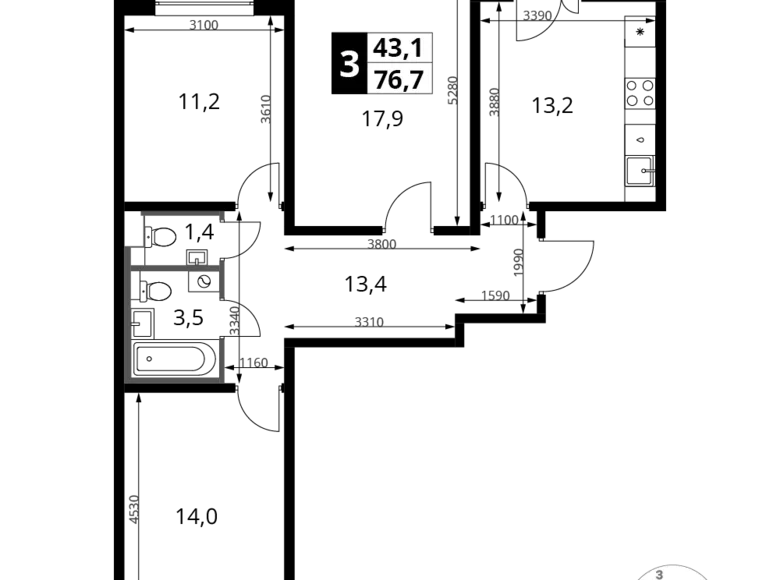 Mieszkanie 3 pokoi 77 m² rejon leniński, Rosja