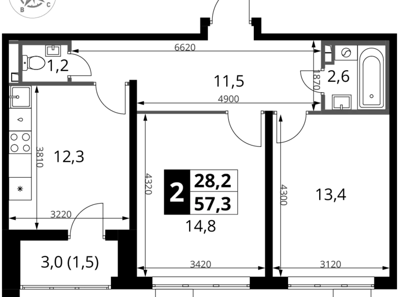 2 room apartment 57 m² Sapronovo, Russia
