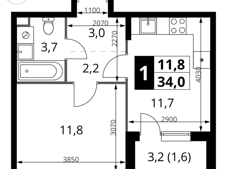 Квартира 1 комната 34 м² Химки, Россия