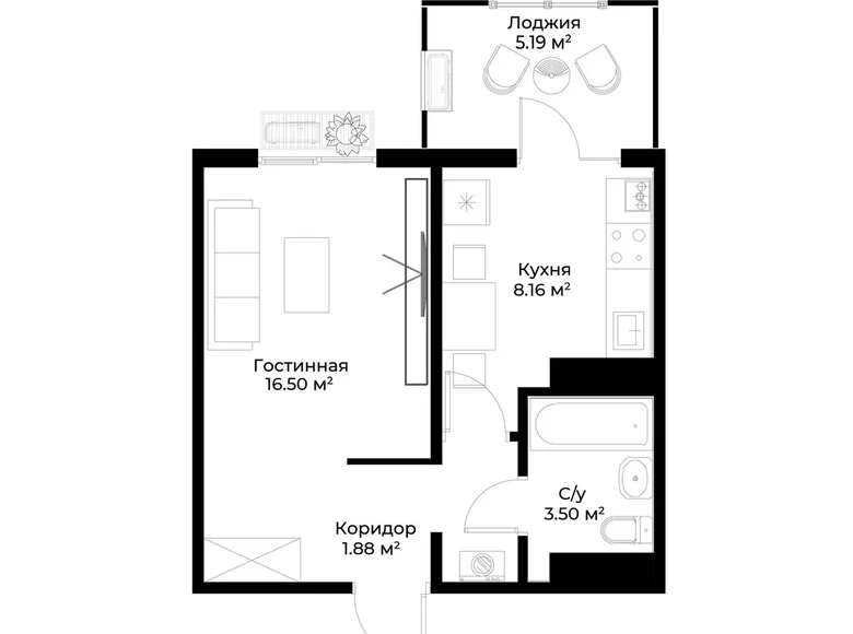 Квартира 1 комната 33 м² Ташкент, Узбекистан