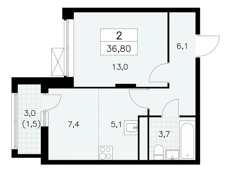 2 room apartment 37 m² poselenie Sosenskoe, Russia