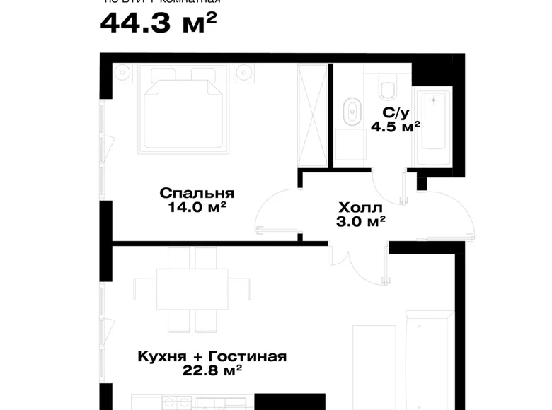 Kvartira 1 xona 44 m² Toshkentda