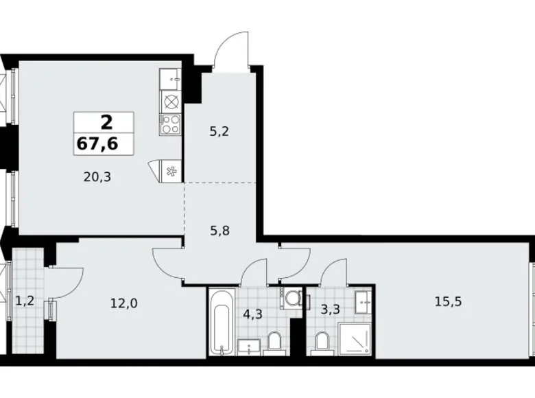 2 room apartment 68 m² Troitsk, Russia