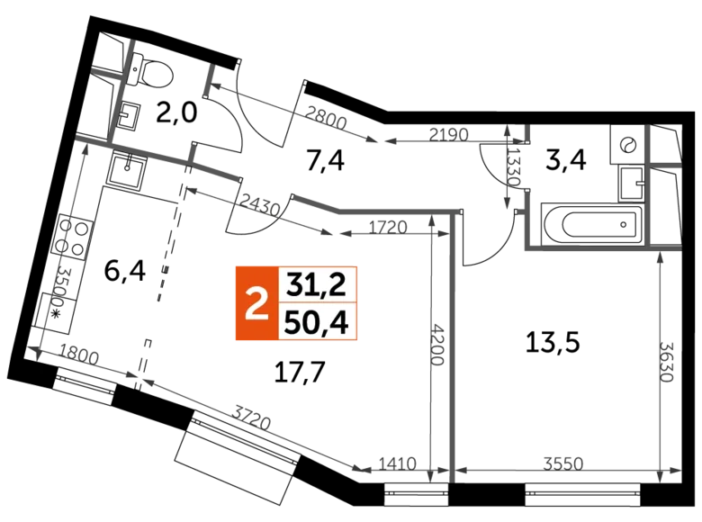 Квартира 2 комнаты 50 м² Развилка, Россия