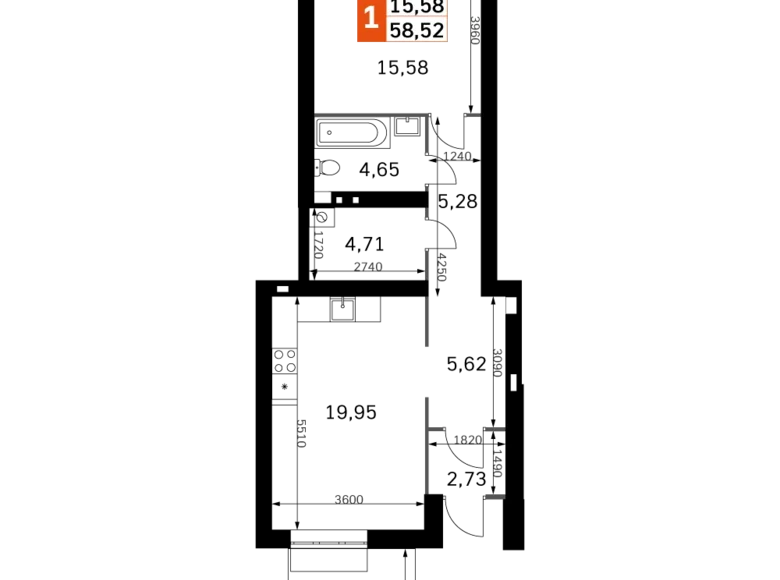 Mieszkanie 1 pokój 59 m² Odincovskiy gorodskoy okrug, Rosja