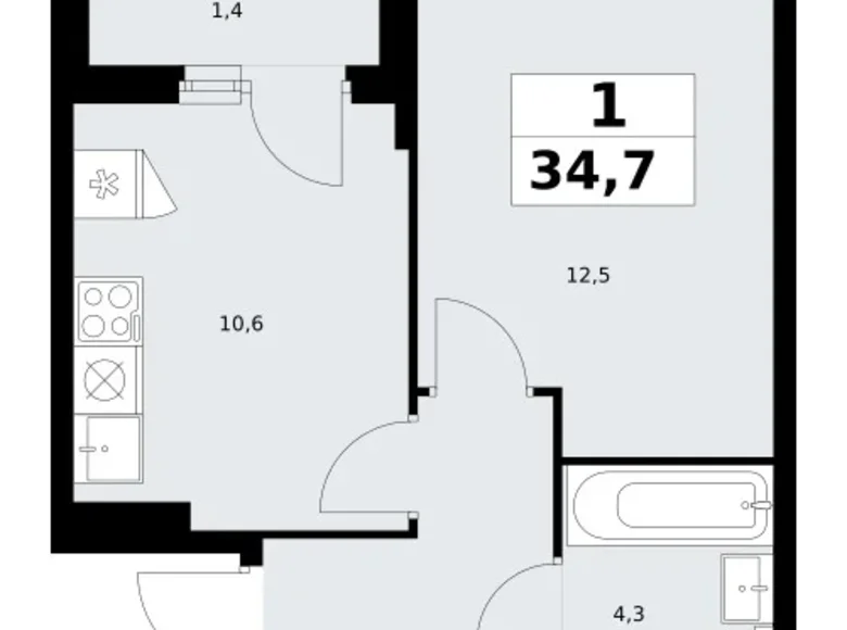 Квартира 1 комната 35 м² район Троицк, Россия