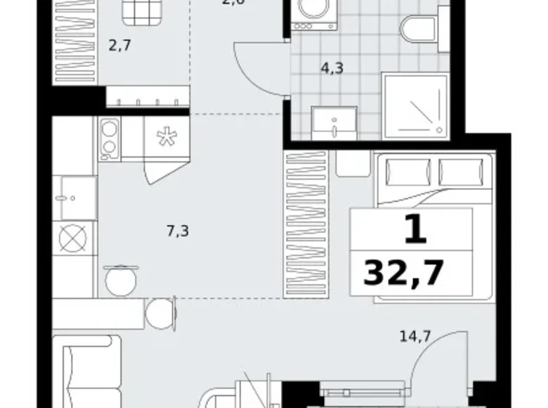1 room apartment 33 m² Kommunarka, Russia
