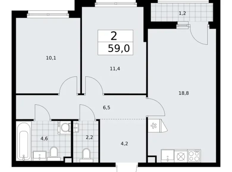 Wohnung 2 zimmer 59 m² Troizk, Russland