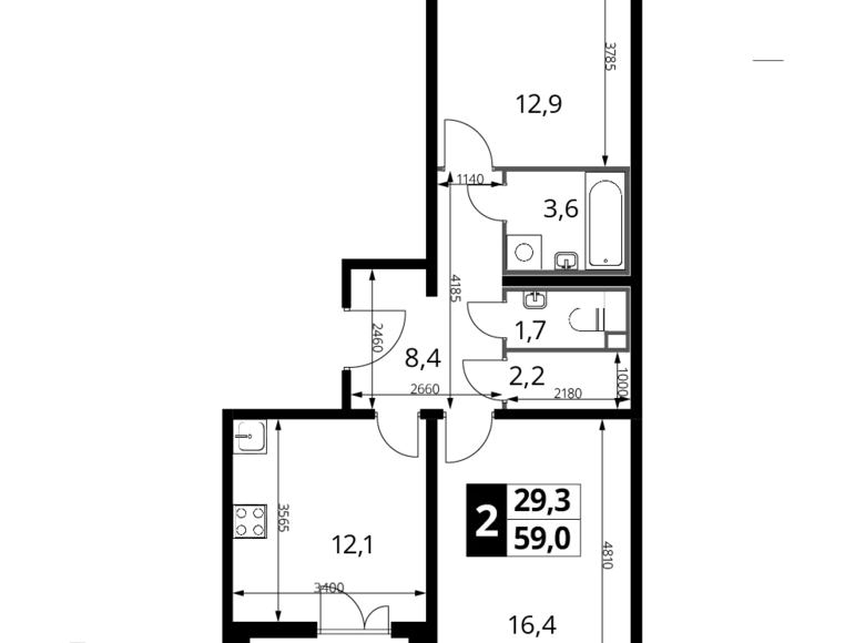 Квартира 2 комнаты 59 м² район Некрасовка, Россия