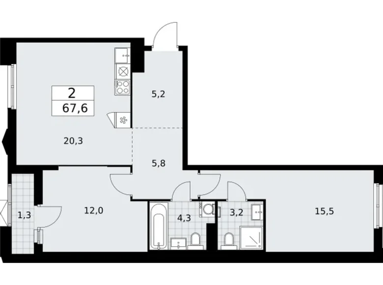 2 room apartment 68 m² Troitsk, Russia
