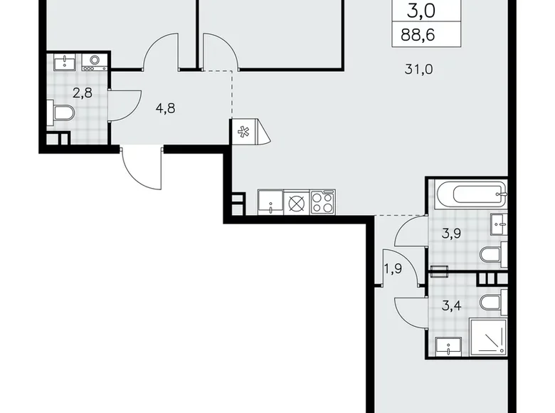 3 room apartment 89 m² poselenie Sosenskoe, Russia