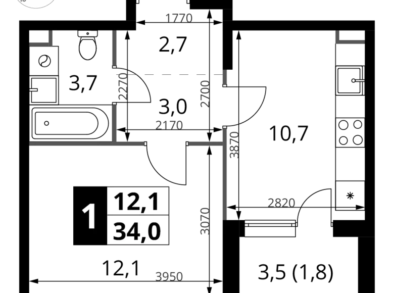 Квартира 1 комната 34 м² Химки, Россия