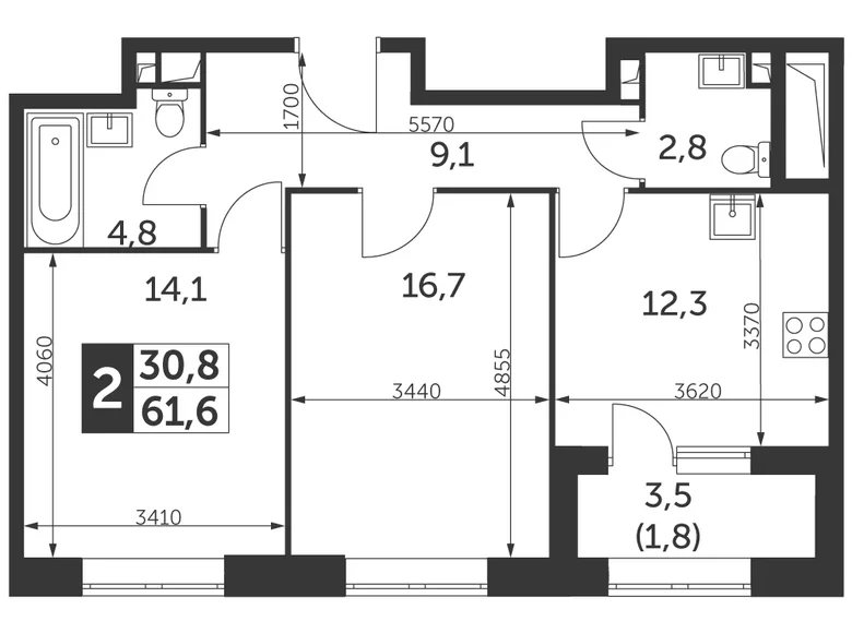 Mieszkanie 2 pokoi 62 m² North-Eastern Administrative Okrug, Rosja