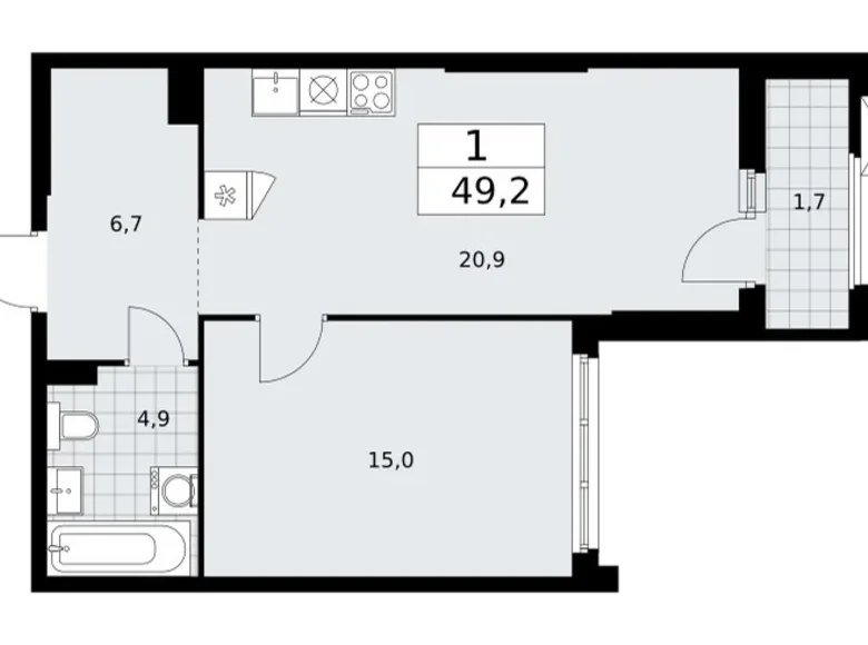 1 room apartment 49 m² Troitsk, Russia