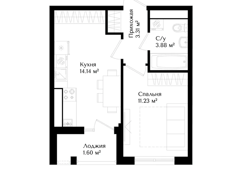 Квартира 1 комната 34 м² Ташкент, Узбекистан