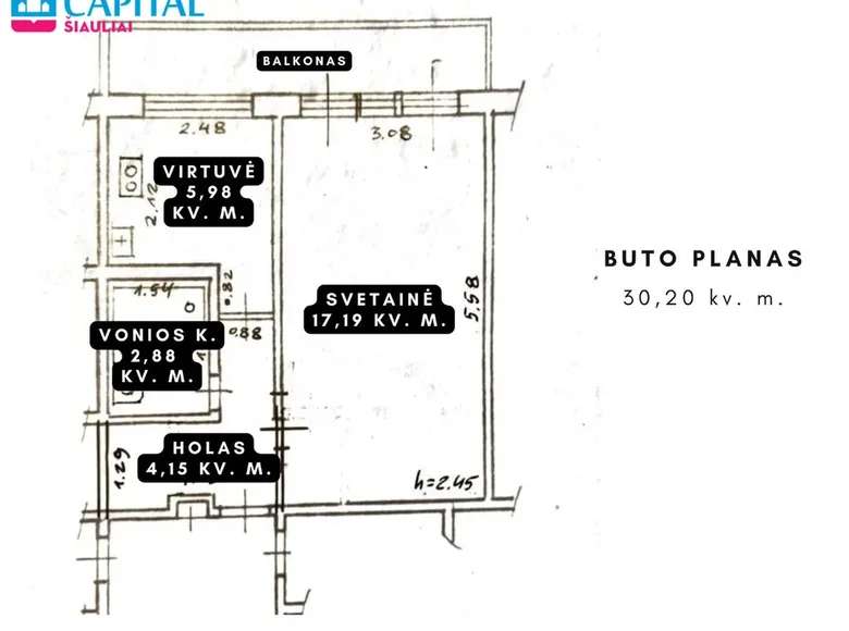 Apartamento 1 habitación 30 m² Šiauliai, Lituania