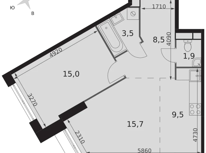 2 room apartment 54 m² Konkovo District, Russia