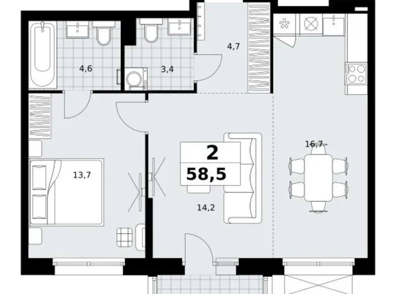 Mieszkanie 2 pokoi 59 m² Kommunarka, Rosja