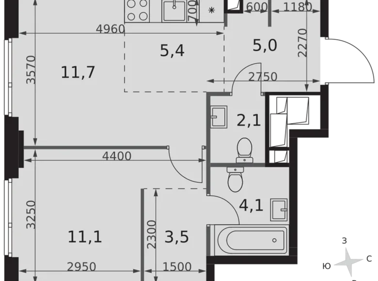 2 room apartment 43 m² North-Western Administrative Okrug, Russia