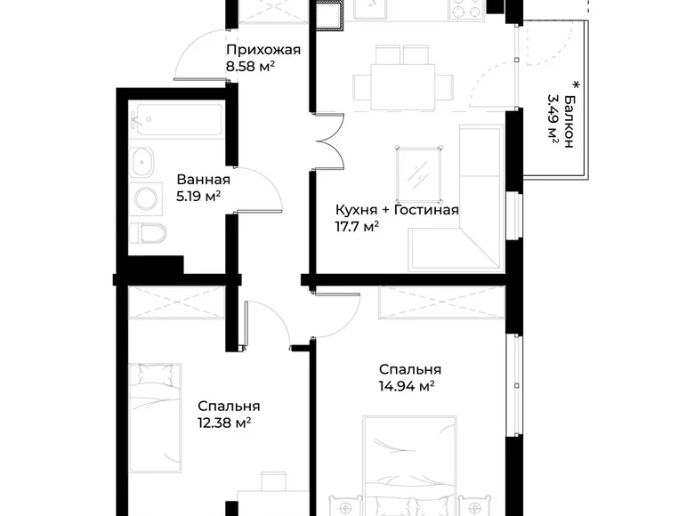 Квартира 2 комнаты 60 м² Ташкент, Узбекистан