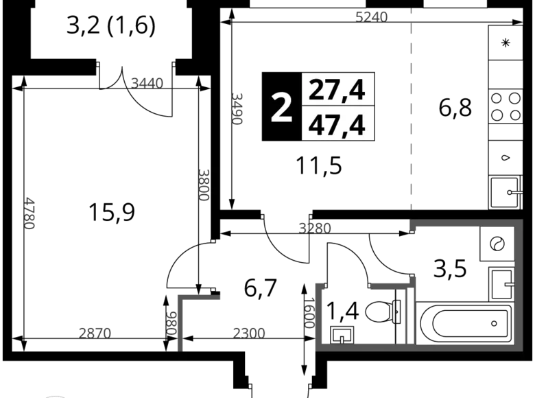 2 room apartment 47 m² Leninsky District, Russia