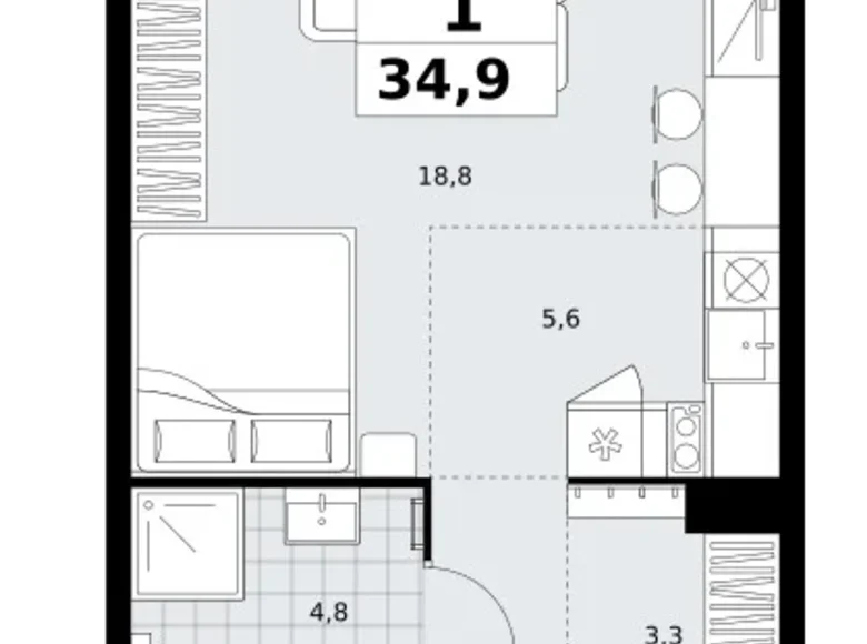 1 room apartment 35 m² Kommunarka, Russia