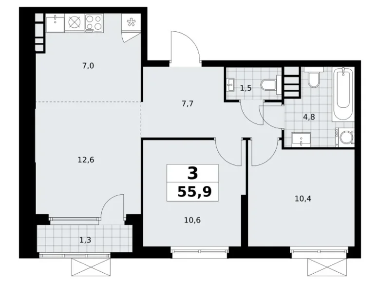 Квартира 3 комнаты 56 м² Юго-Западный административный округ, Россия