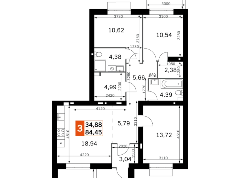 3 room apartment 84 m² Odincovskiy gorodskoy okrug, Russia