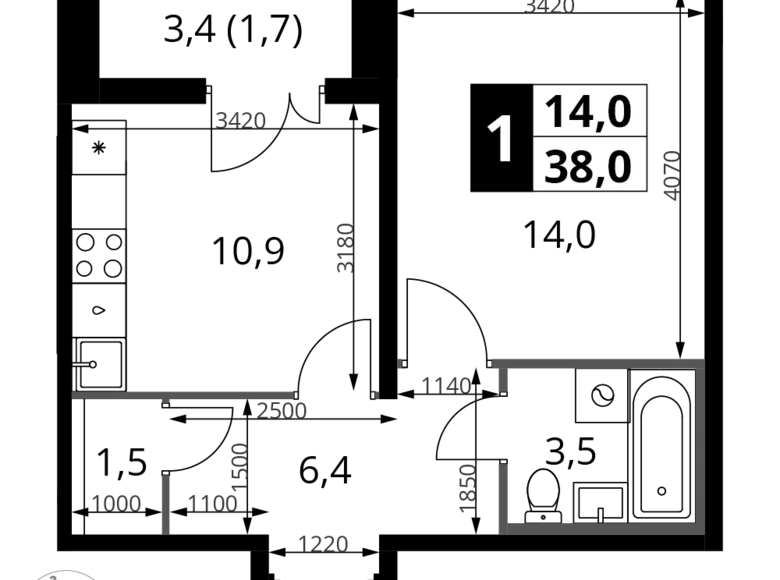 1 room apartment 38 m² Leninsky District, Russia