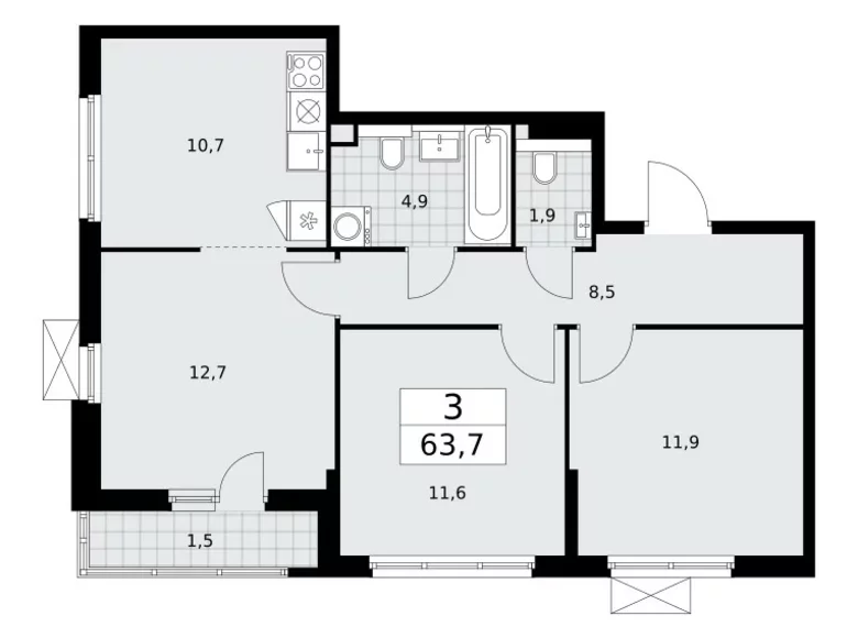 3 room apartment 64 m² poselenie Sosenskoe, Russia