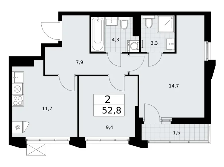 2 room apartment 53 m² Troitsk, Russia