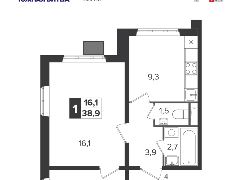 Квартира 1 комната 39 м² Москва, Россия