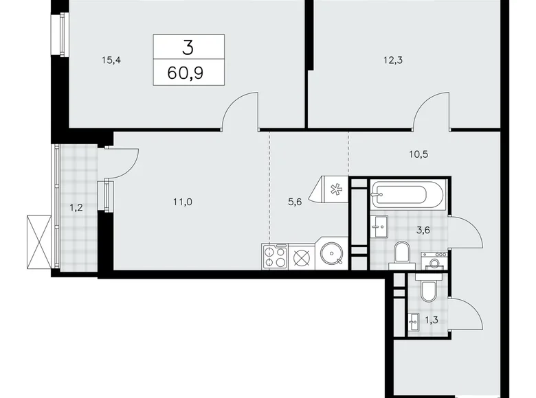 3 room apartment 61 m² Moscow, Russia