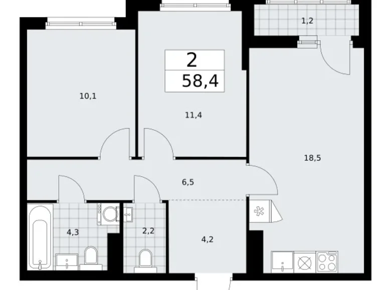 Квартира 2 комнаты 58 м² район Троицк, Россия