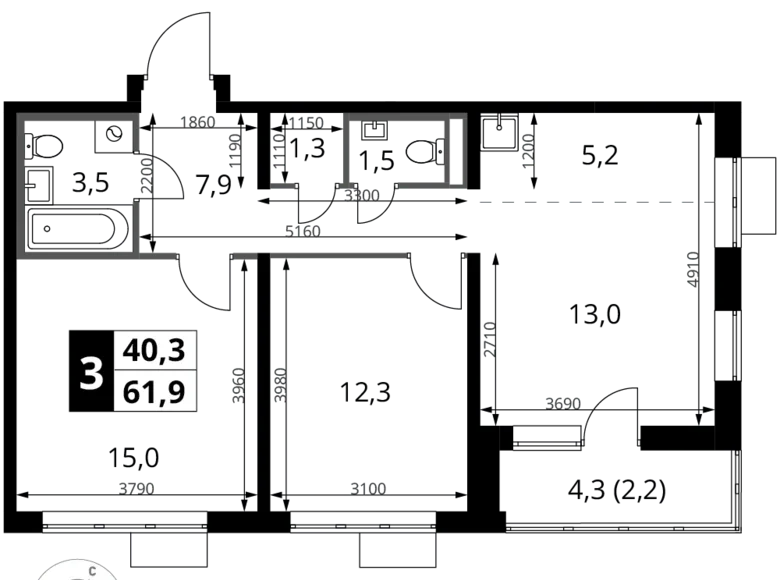 3 room apartment 62 m² Potapovo, Russia