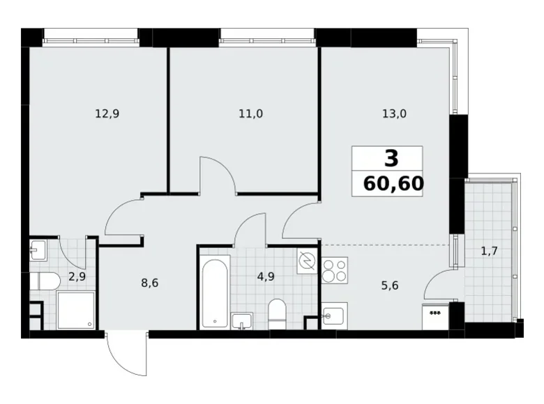 Appartement 3 chambres 61 m² Postnikovo, Fédération de Russie