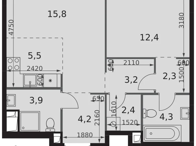 2 room apartment 54 m² North-Western Administrative Okrug, Russia