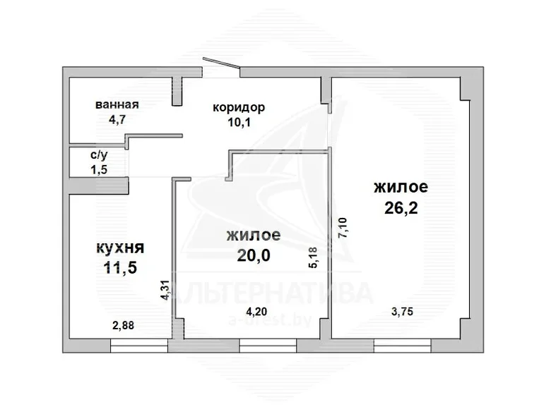 2 room apartment 74 m² Pruzhany, Belarus