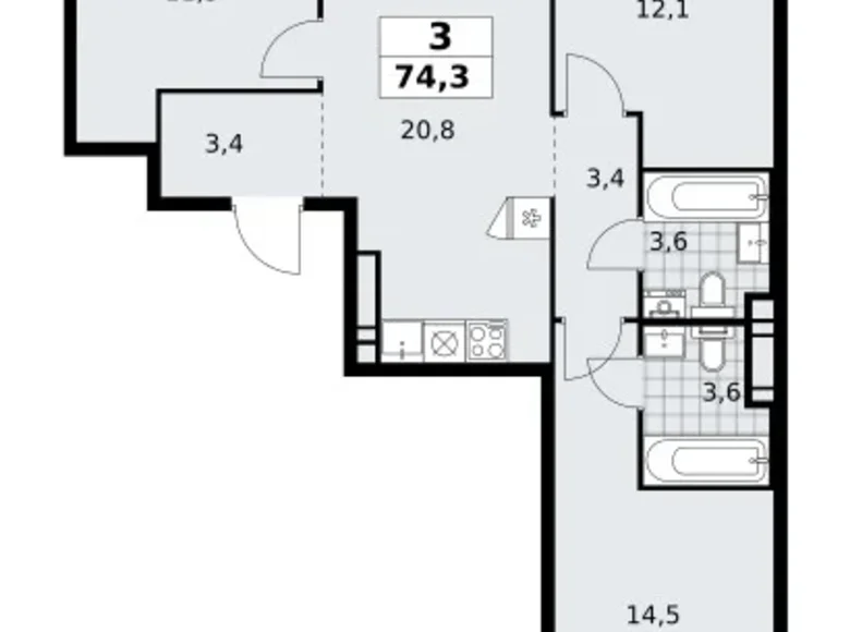 Appartement 3 chambres 74 m² poselenie Sosenskoe, Fédération de Russie