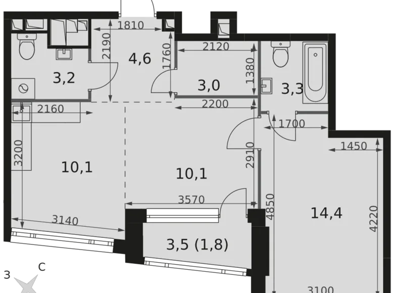 2 room apartment 51 m² Moscow, Russia