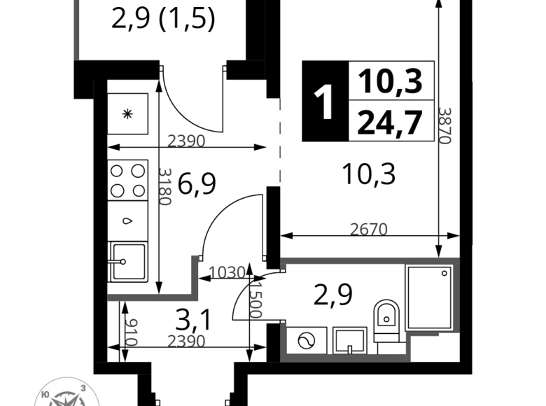 Wohnung 1 zimmer 25 m² Südwestlicher Verwaltungsbezirk, Russland