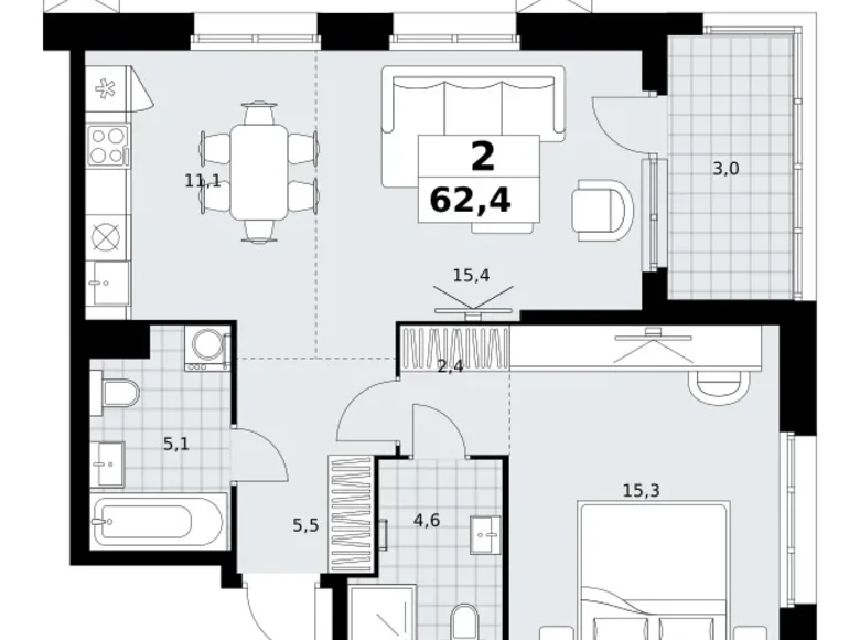2 room apartment 62 m² Kommunarka, Russia