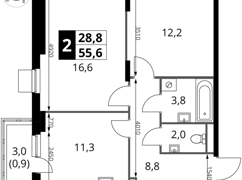 2 room apartment 56 m² Potapovo, Russia