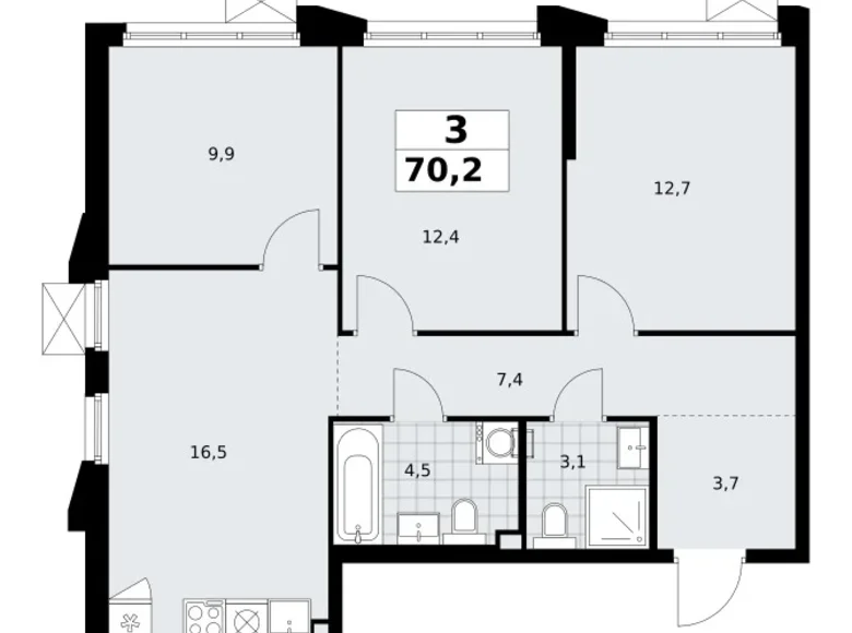 Mieszkanie 3 pokoi 70 m² Troick, Rosja