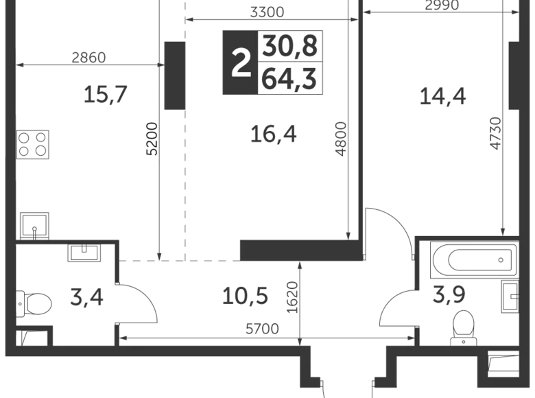 Квартира 2 комнаты 64 м² район Коньково, Россия