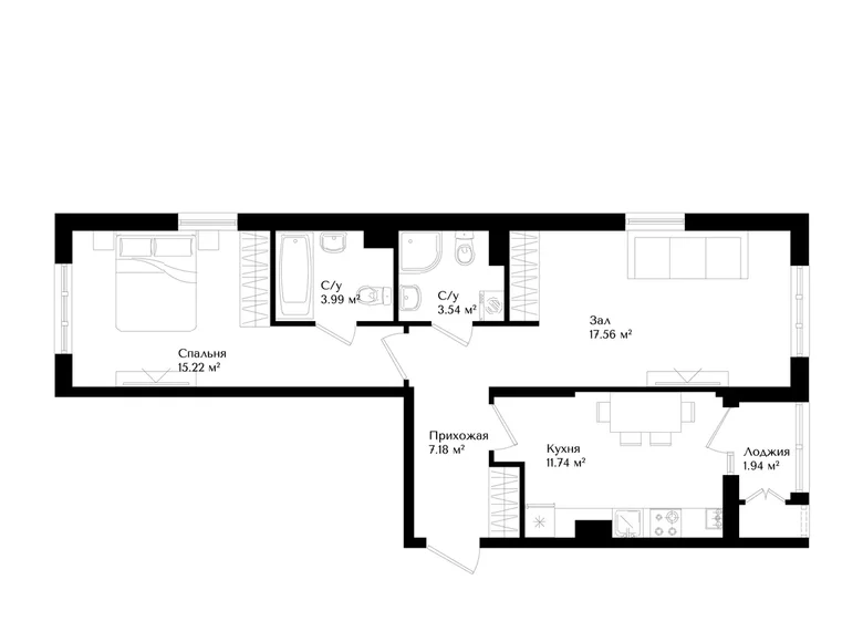 Квартира 2 комнаты 60 м² Ташкент, Узбекистан