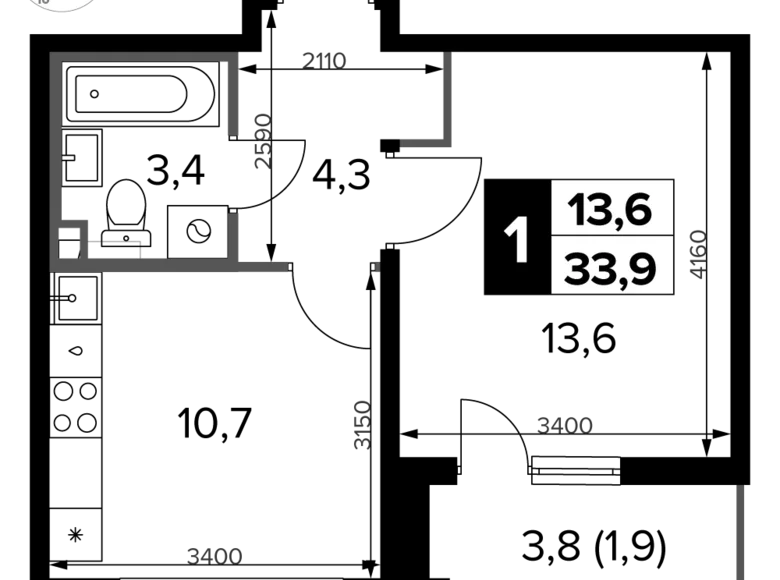 1 room apartment 34 m² Potapovo, Russia