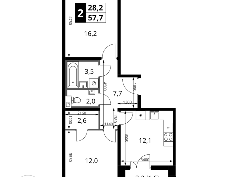 2 room apartment 58 m² Khimki, Russia